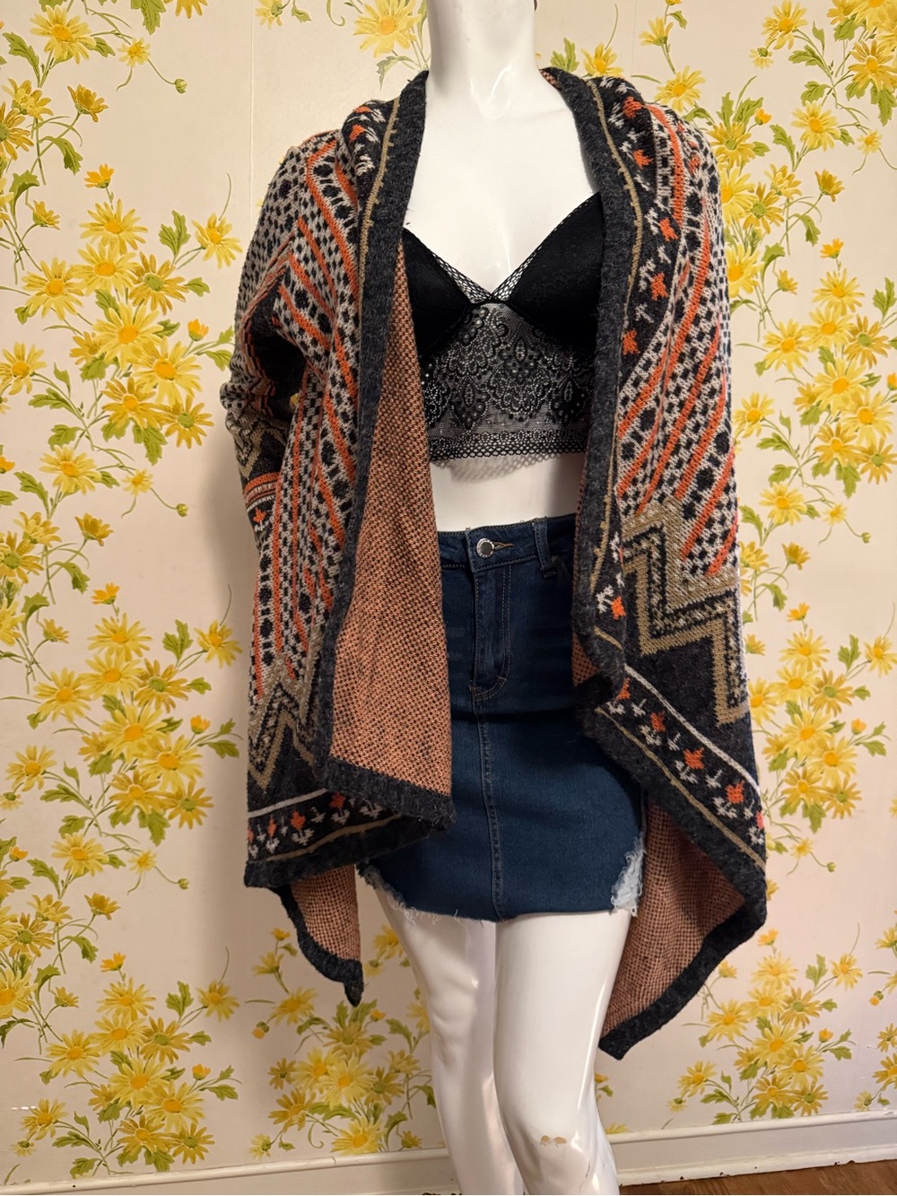 Orange brown Aztec open front cardigan sweater size M